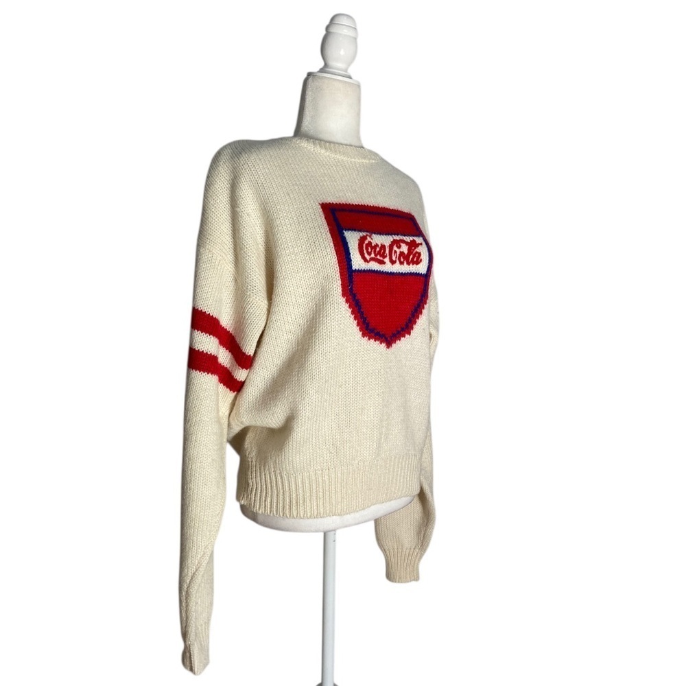 Vintage Coca Cola Knit Sweater Cream Intarsia Red Blue Logo Wool Blend 80s - Picture 4 of 11